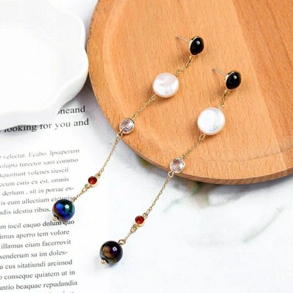 Pearl Crystal Rhinestone Gold Drop Dangle Earrings - Picture 7 of 12